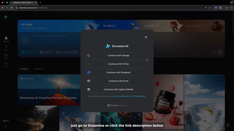 Dreamina AI login and signup page
